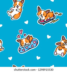 Seamless pattern. Welsh Corgi. Corgi skater, Corgi in love and cute puppies. Set of funny stickers. Great for greeting cards, Valentine's Day and more.
