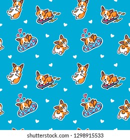 Seamless pattern. Welsh Corgi sticker pack. Corgi skater, Corgi in love and cute puppies. Great for greeting cards, Valentine's Day and more.