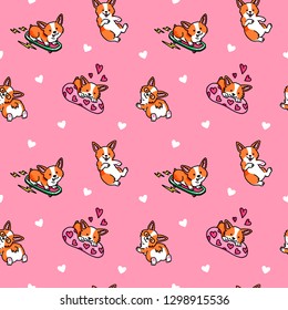 Seamless pattern. Welsh Corgi sticker pack. Corgi skater, Corgi in love and cute puppies. Set of funny stickers. Great for greeting cards, Valentine's Day and more.