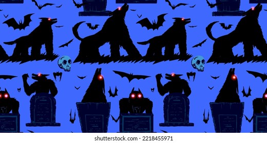 Seamless pattern with a werewolf in a graveyard and bats. Halloween wallpaper design. Stock vector illustration of a mystical mood.