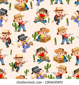 Seamless pattern with west cowboy in action