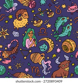 Seamless pattern with Western astrology. Zodiac animals. A cosmic fantasy backdrop for teenagers and small children. Fun zodiac.