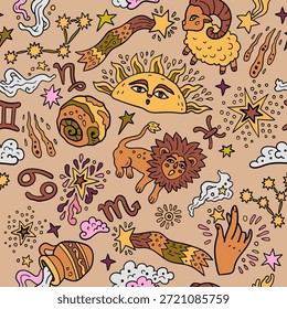 Seamless pattern with Western astrology. Zodiac animals. A cosmic fantasy backdrop for teenagers and small children. Fun zodiac.