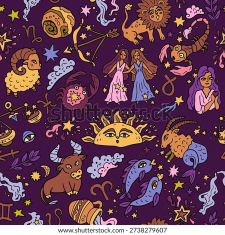 Seamless pattern with Western astrology. Zodiac animals. A cosmic fantasy backdrop for teenagers and small children. Fun zodiac.