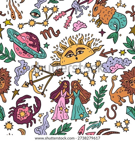 Seamless pattern with Western astrology. Zodiac animals. A cosmic fantasy backdrop for teenagers and small children. Fun zodiac.