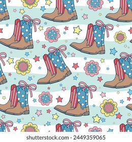 Seamless pattern of western boots with stars and stripes. This illustration has an American Independence Day theme. Pattern for fabric and wrapping paper, design wallpaper and fashion prints.