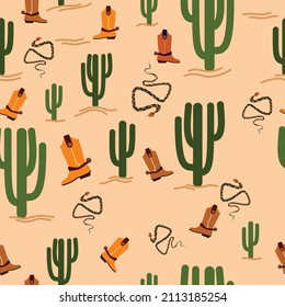 Seamless Pattern With Western Decorative Elements. Cowboy Boots Of The Wild West, Snakes, Cacti. Vector. Children's Style, Cartoon