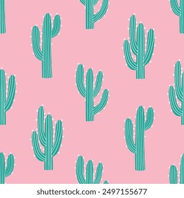 Seamless pattern with western desert cactus on pink background. Wild west fashion style. Hand drawn vector illustration