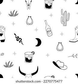 Seamless pattern with western elements. Cowboy style. Wild west vintage graphic. Cowboy hat and boots, cactus, beer, horseshoe, snake. Vector illustration