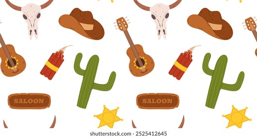 Seamless pattern western elements cowboy hats, cacti, guitars, bull skulls, dynamite sticks, and sheriff badges. Design is perfect for use in textiles, wallpapers, and other Wild West theme