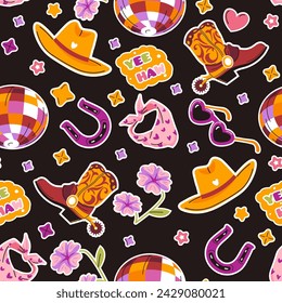 Un patrón sin fisuras con sombreros occidentales, botas y flores sobre un fondo oscuro, ilustración vectorial en un estilo encantador