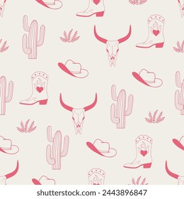 Seamless pattern with western outline elements. Cowboy boots and hats, cactus, buffalo skull. Wild west set. Hand drawn isolated vector design