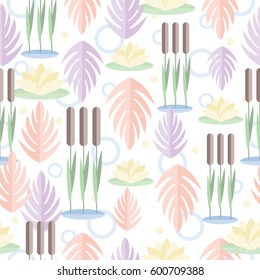 Seamless pattern with wetland plants. Reed, water lily and leaves in flat design. On white background