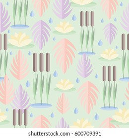 Seamless pattern with wetland plants. Reed, water lily and leaves in flat design. On green background