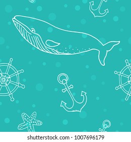 Seamless pattern Whale and blue sea. animals, nature, wildlife. engraved hand drawn. mammal marine or ocean fishes.