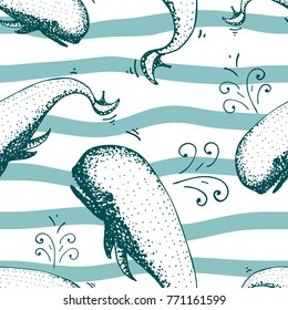 seamless pattern whale and blue sea. animals, nature, wildlife, quote. engraved hand drawn. mammal marine or ocean fishes.