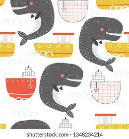 Seamless pattern with whale and boats. Cute nautical kids print. Vector hand drawn illustration.