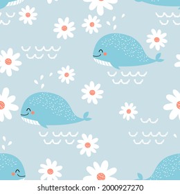 Seamless pattern with whale cartoons and daisy flower on blue background vector illustration.