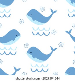 Patrón sin foco con dibujos animados de ballena, oleada y flor pequeña sobre ilustración vectorial de fondo blanco. Huella infantil.
