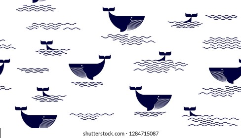 Seamless pattern with Whale. Cute Marine pattern for fabric, baby clothes, background, textile,wrapping paper and other decoration.Vector illustration