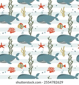 Seamless pattern with whale. Cute marine animals. Cartoon sea. Background with underwater characters.