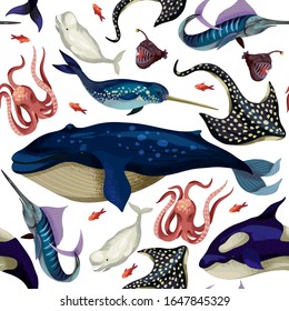 Seamless pattern with whale, devilfish, orca and octopus. Vector.