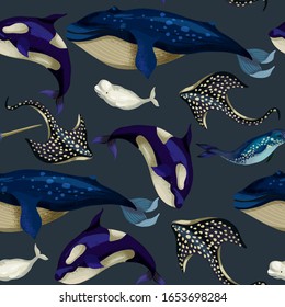 Seamless pattern with whale, devilfish, orca and octopus. Vector.