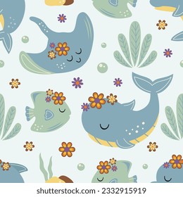 seamless pattern with whale, dolphin, ramp fish