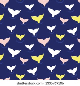Seamless pattern with whale fin in ocean wave vector. Cute Marine background blue, pink, white, yellow. Silhouette of whale tail. For fabric, baby clothes, wrapping paper, kids decor.
