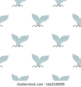 Seamless pattern with whale fin on white background. Vector illustration for children.