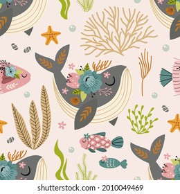 seamless pattern with  whale and fish