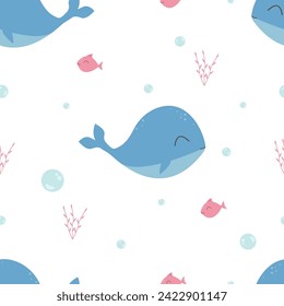 Seamless pattern with whale, fish, algae, bulbs. Background with the concept of underwater life, in kawaii style. Vector for print, design, wallpaper, decor, textile and packaging, eps 10.