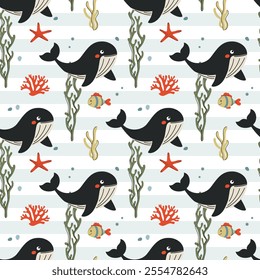 Seamless pattern with whale, fish. Cute marine animals. Cartoon sea. Background with underwater characters.