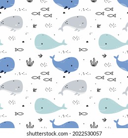 Seamless pattern with  whale and fish. Marine background for sewing children's clothing and printing on fabric.