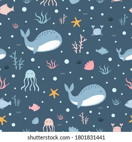 Seamless pattern The whale floats in the sea with squids and corals. Hand drawn cartoon animal background in children style Used for cloth, textile, fashion Vector illustration