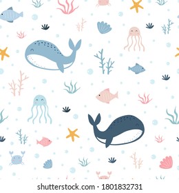 Seamless pattern The whale floats in the sea with squids and corals. Hand drawn cartoon animal background in children style Used for cloth, textile, fashion Vector illustration