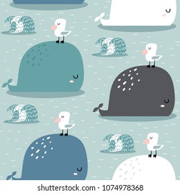 Seamless pattern with whale and gull. Childish texture for fabric, textile,apparel. Vector background