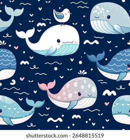 Seamless pattern with whale and gull. Childish texture for fabric, textile,apparel. Vector background