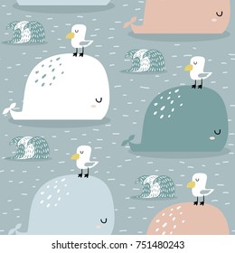 Seamless pattern with whale and gull. Childish texture for fabric, textile,apparel. Vector background