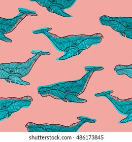 Seamless pattern with whale. hand drawn marine life. illustration in line art style