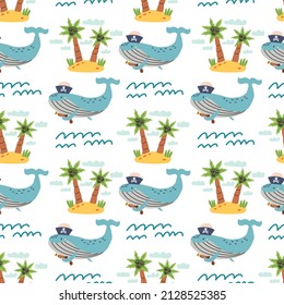 Seamless pattern whale island waves. Doodle Hand drawn nursery baby scandinavian style kids digital textile fabric paper