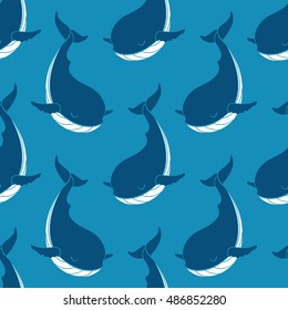 Seamless pattern whale. Line drawing.