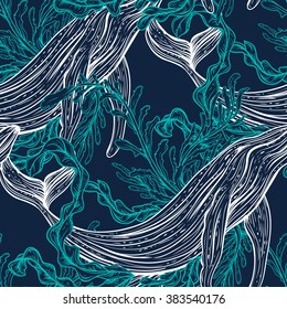 Seamless pattern with whale, marine plants and seaweeds.Vintage set of black and white hand drawn marine life.Isolated vector illustration in line art style.Design for summer beach, decorations.