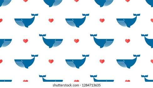Seamless pattern with Whale and Mini Heart. Cute Marine pattern for fabric, baby clothes, background, textile,wrapping paper and other decoration.Vector illustration