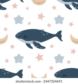 Seamless pattern with whale, moon and stars in cartoon flat style. Boho baby digital paper perfect for scrapbook paper, decor, background, fabric. Hand drawn vector pattern