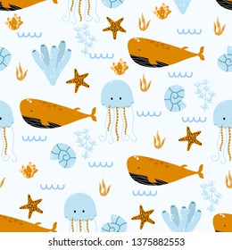 seamless pattern with whale and octopus- vector illustration, eps