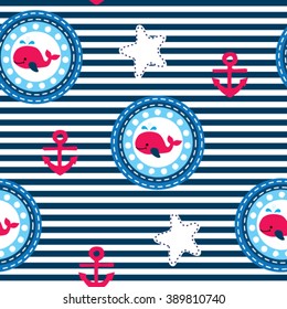 seamless pattern with whale on striped background vector illustration