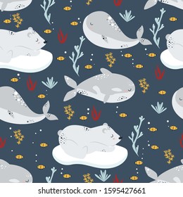 seamless pattern with whale and polar bear - vector illustration, eps
