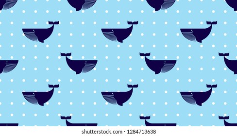 Seamless pattern with Whale and Polka dots. Cute Marine pattern for fabric, baby clothes, background, textile,wrapping paper and other decoration.Vector illustration