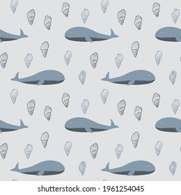seamless pattern with whale. Print for fabric, packing paper. Shells. Marine theme. Print for fabric, packing paper. gray wallpaper with animals. ocean, sea. children's design. vecto eps 10